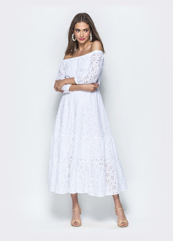 Белое платье-макси из прошвы с вырезом и манжетами на резинке Dressa