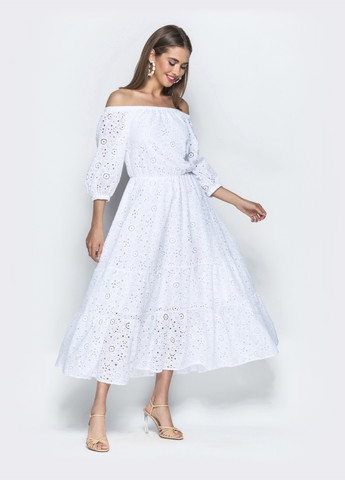 Білий плаття-максі з прошви з вирізом і манжетами на резинці Dressa