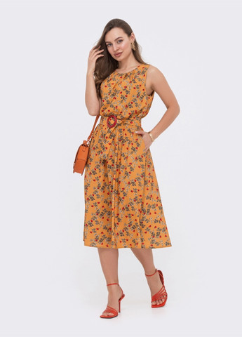 Горчичное расклешенное платье горчичного цвета в цветочный принт Dressa