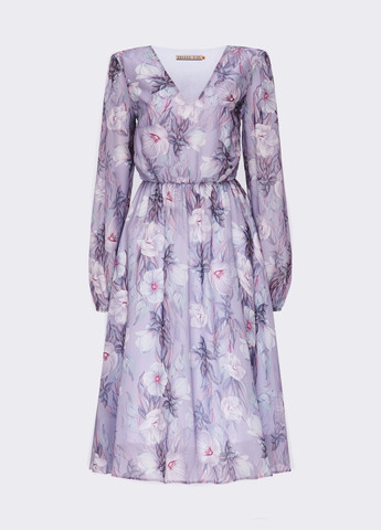 Сиреневое шифоновое платье с цветочным принтом и v-образным вырезом сиреневое Dressa