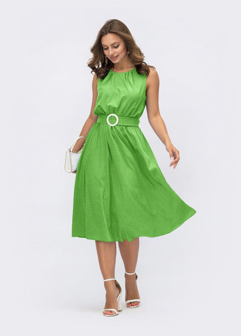 Зеленое кэжуал расклешенное кежуал платье в горох с напуском по талии зеленое клеш Dressa в горошек