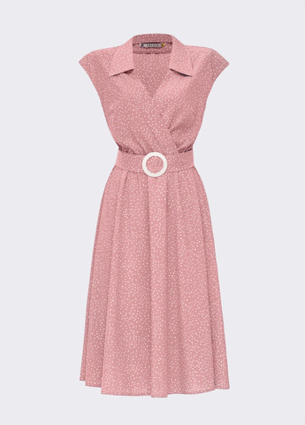 Розовое кэжуал расклешенное кежуал платье в горох с лифом на запах розовое клеш Dressa в горошек