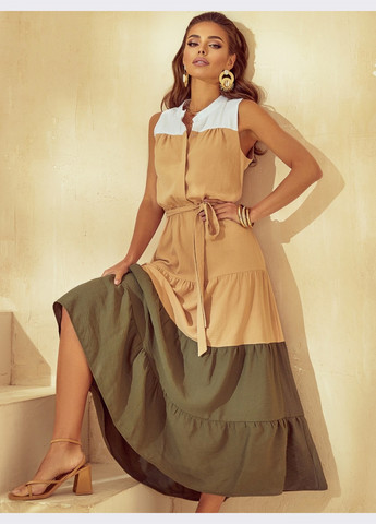 Бежевое расклешенное платье-макси с воротником-стойкой бежевое Dressa