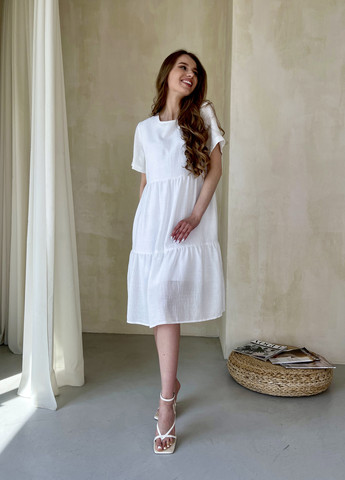Білий повсякденний жіноча сукня до коліна однотонна з коротким рукавом з льону біла 700000163 кльош, дзвін, з спідницею-сонце, оверсайз Merlini однотонна