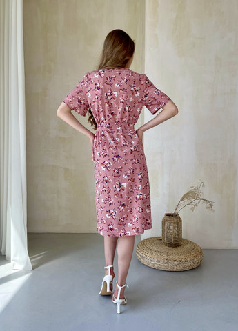 Розовое повседневный женское платьедо колена с разрезом и цветочным принтом розовое 700000221 клеш, колокол, с юбкой-солнце, оверсайз Merlini с цветочным принтом