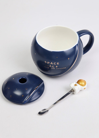 Чашка с крышкой и ложкой керамическая с космонавтом 350 мл Синяя (00000010470) No Brand (259000116)