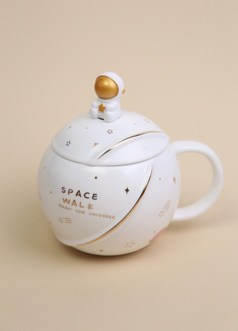 Чашка с крышкой и ложкой керамическая с космонавтом 350 мл Белая No Brand (259000115)