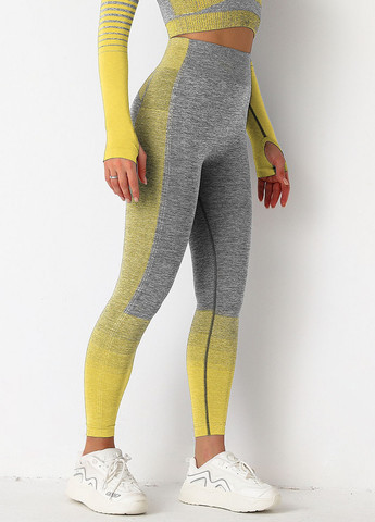 Комбинированные демисезонные леггинсы женские спортивные 9651 m серые с жёлтым Fashion