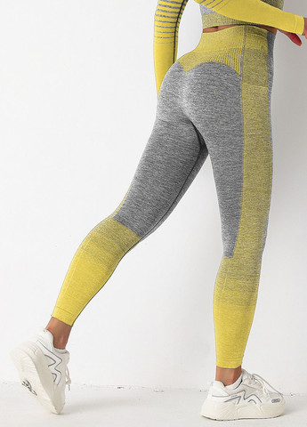 Комбинированные демисезонные леггинсы женские спортивные 9651 m серые с жёлтым Fashion