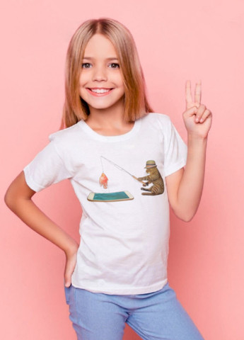 Белая демисезонная футболка детская белая "кіт на рибалці" YAPPI