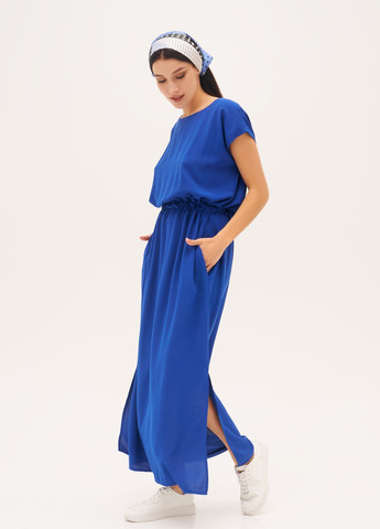 Синее повседневный платье женское с открытой спиной ISSA PLUS однотонное