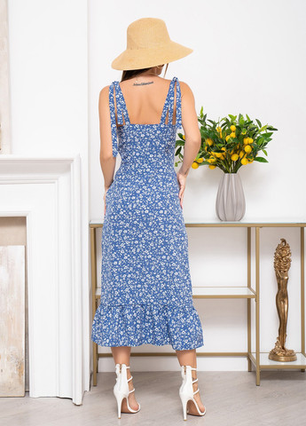 Синее повседневный платье женское с открытыми плечами ISSA PLUS с цветочным принтом