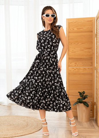 Чорна повсякденний сукня жіноча кльош ISSA PLUS з квітковим принтом