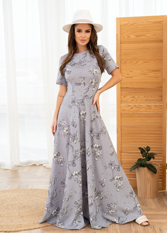 Серое повседневный платье женское клеш ISSA PLUS с цветочным принтом