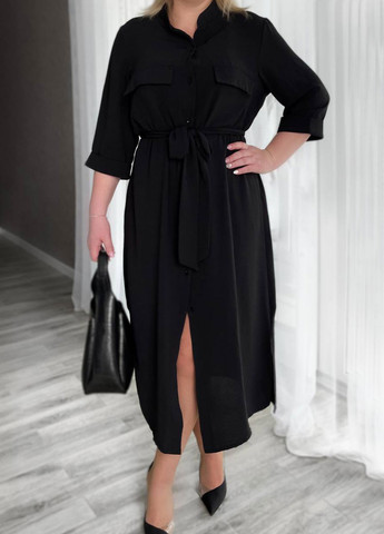 Чорна кежуал довга сукня-сорочка з поясом Fashion Girl однотонна