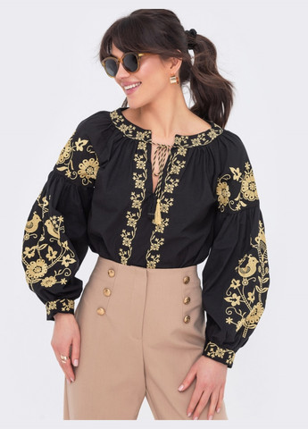 Чёрная черная блузка свободного кроя с контрастной вышивкой Dressa
