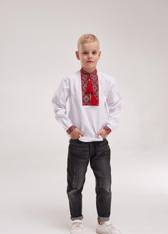 Вишиванка для хлопчика "Федір" червоний орнамент MEREZHKA украинская символика белая кэжуал хлопок