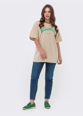 Бежевая летняя удлиненная оверсайз футболка бежевого цвета Dressa
