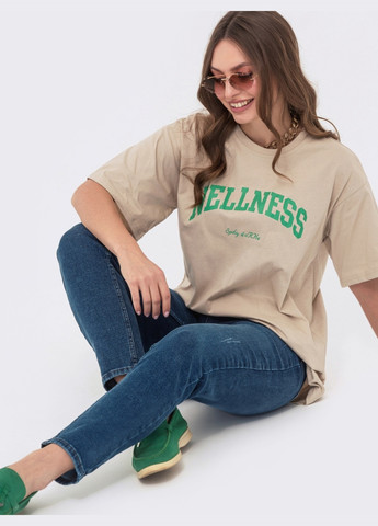 Бежевая летняя удлиненная оверсайз футболка бежевого цвета Dressa