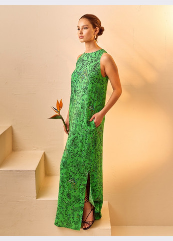 Зеленое принтованное платье-макси из штапеля с разрезами по бокам зеленое Dressa