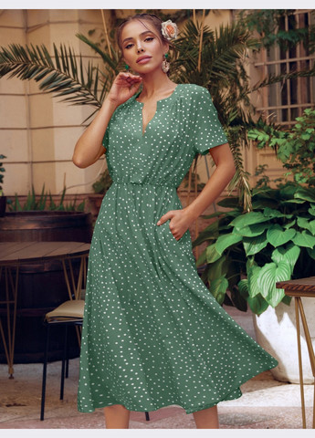 Зеленое кэжуал зеленое кежуал платье в горох с расклешенной юбкой клеш Dressa в горошек