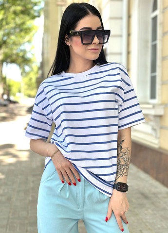Синя літня подовжена футболка в смужку Fashion Girl Modis