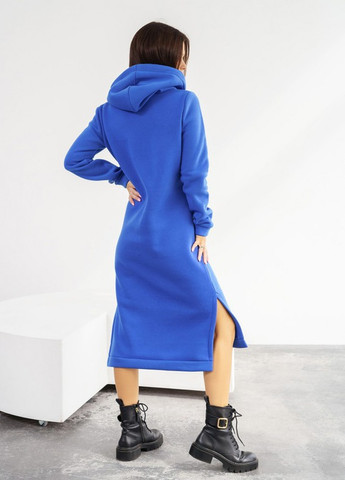 Комбінована вечірня синя утеплена флісом сукня з капюшоном ISSA PLUS однотонна