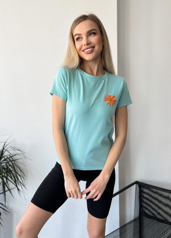 Бирюзовая летняя бирюзовая трикотажная футболка с цветочком Magnet