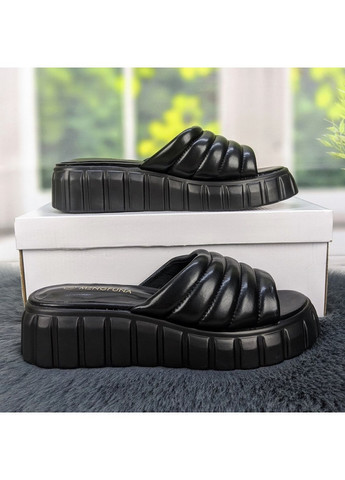 Черные шлепанцы женские эко-кожа на объемной подошве Mengfuna