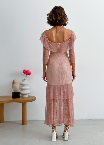 Пудрова вечірня жіноча мереживна міді сукня the label в ретро стилі з відкритою спиною, а-силует, з відкритими плечима Keepsake однотонна