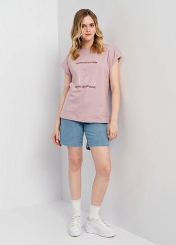 Пудровая летняя женская футболка с принтом с коротким рукавом Роза