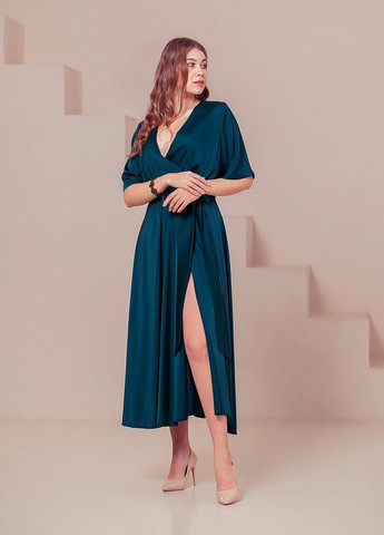 Смарагдова вечірня плаття а-силует, на запах JadFashion однотонна