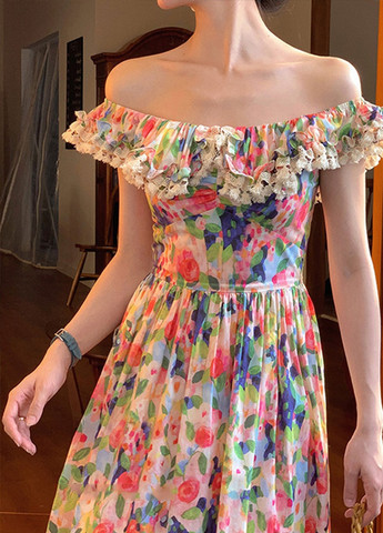 Комбинированное повседневный летнее французкое платье в цветочный принт с пышной юбкой Number Nine с цветочным принтом