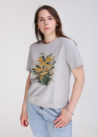 Сіра всесезон футболка жіноча сіра пряма з квітами з коротким рукавом JEANSclub Прямая