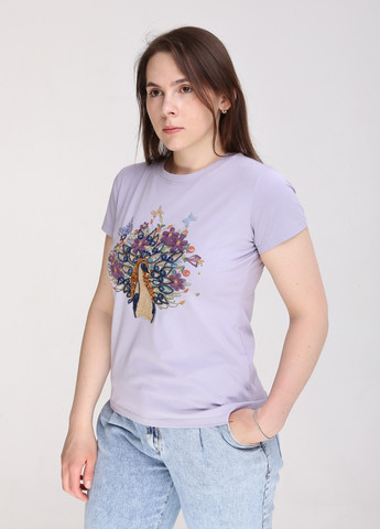Фиолетовая всесезон футболка женская фиолетовая приталенная с принтом птицы с коротким рукавом JEANSclub Приталенная