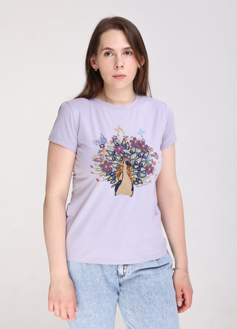 Фіолетова всесезон футболка жіноча фіолетова приталена з птахом з коротким рукавом JEANSclub Приталенная