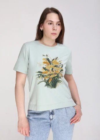 Футболка женская зеленая прямая с цветами JEANSclub Прямая - (259793948)
