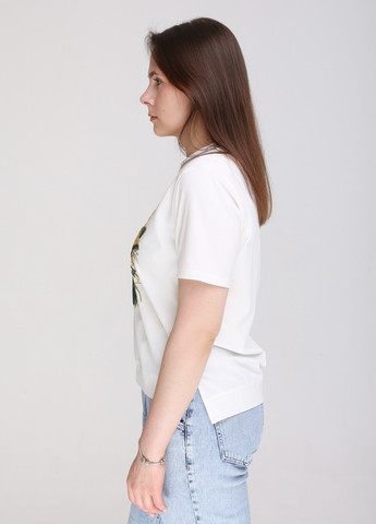 Молочна всесезон футболка жіноча молочна пряма з квітами з коротким рукавом JEANSclub Прямая