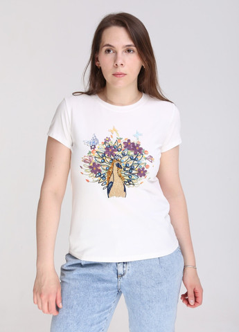 Молочная всесезон футболка женская молочная приталенная с принтом птицы с коротким рукавом JEANSclub Приталенная