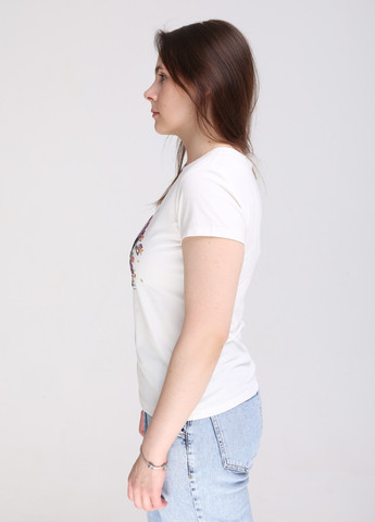 Молочна всесезон футболка жіноча молочна приталена з птахом з коротким рукавом JEANSclub Приталенная