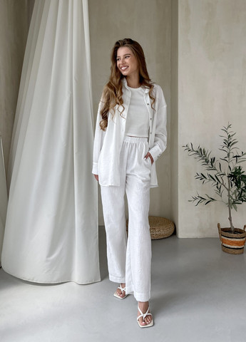 Жіночий костюм з широкими штанами та сорочкою з льону білий 100000542 Merlini лечче (259901077)