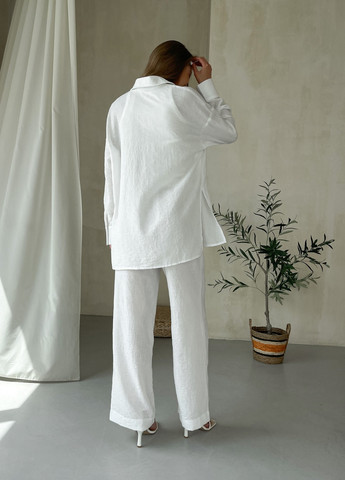Жіночий костюм з широкими штанами та сорочкою з льону білий 100000542 Merlini лечче (259901077)