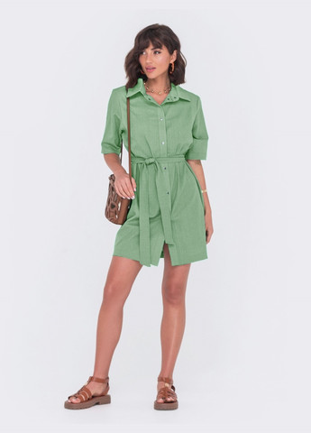 Зеленое короткое платье-рубашка из льна зеленое Dressa