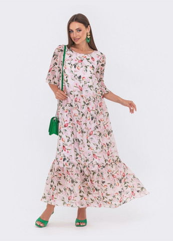 Розовое свободное платье-макси из принтованного шифона розовое Dressa