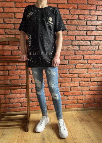 Чорна чоловіча чорна брендова футболка футболка філіп плейн Philipp Plein