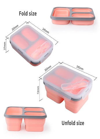 Універсальний складний Ланч Бокс на 3 секції із столовим прибором collapsible silicone lunch box Рожевий VTech (260074117)