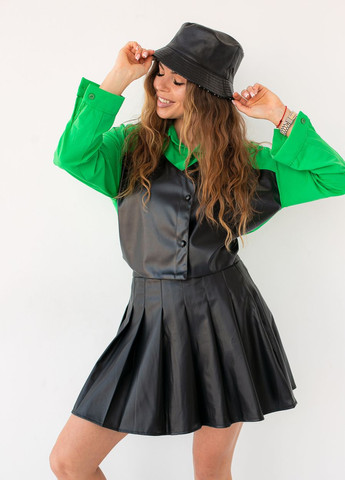 Черная плиссированная юбка мини из экокожи MAI