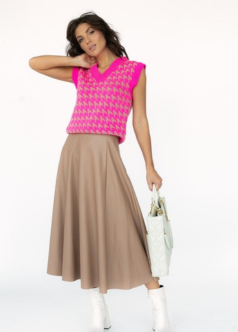 Светло-коричневая юбка миди расклешенного фасона из кожзама Fame