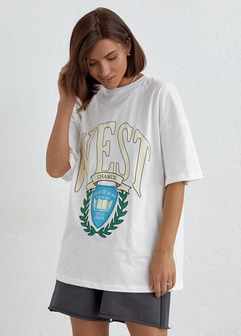 Молочна літня бавовняна футболка оверсайз з написом west Lurex