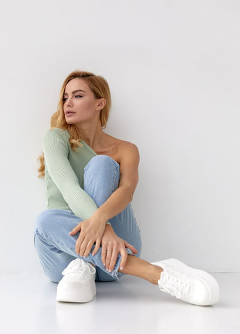 Мятный демисезонный топ в рубчик с рукавом на одно плечо Lurex